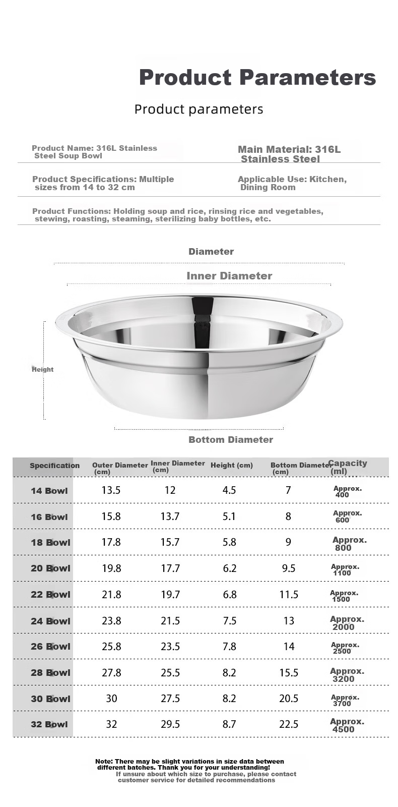 Newair Food Grade 316 Stainless Steel Mixing Bowl Thickened Flat Bottom Kitchen Bowl for Beating Eggs and Dough 10