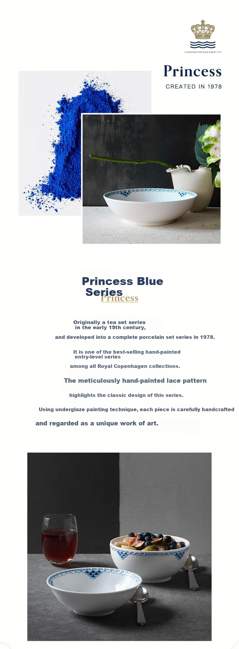 RoyalCopenhagen [Mid-Autumn Festival Gift] Princess Blue Hand-Painted Tableware Set: Soup Bowl, Noodle Bowl, Rice Bowl, Square Bowl 1