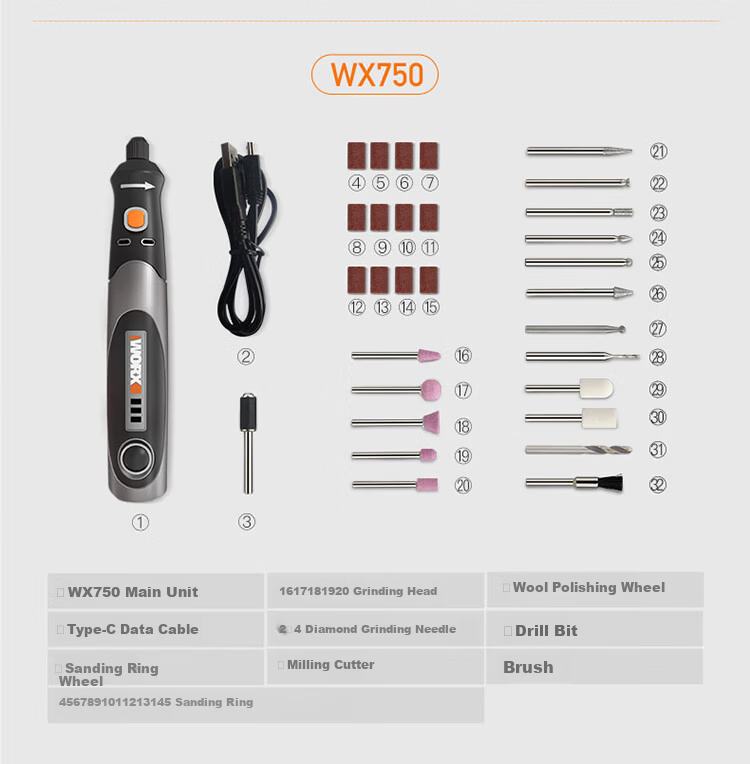 WORX 8V Rotary Tool WX106 Mini Lithium Handheld Cutting Grinding Polishing Engraving Drilling Electric Tool 19