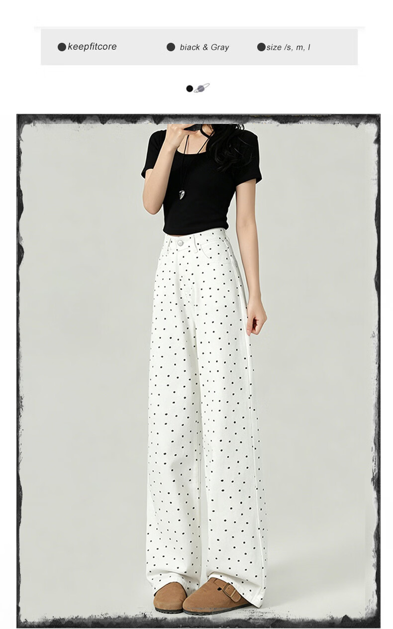 Jeanswest High-Waist Design Women's Jeans Spring Summer Printed Polka Dot Floral Slim Straight Wide-Leg Pants Black M 2