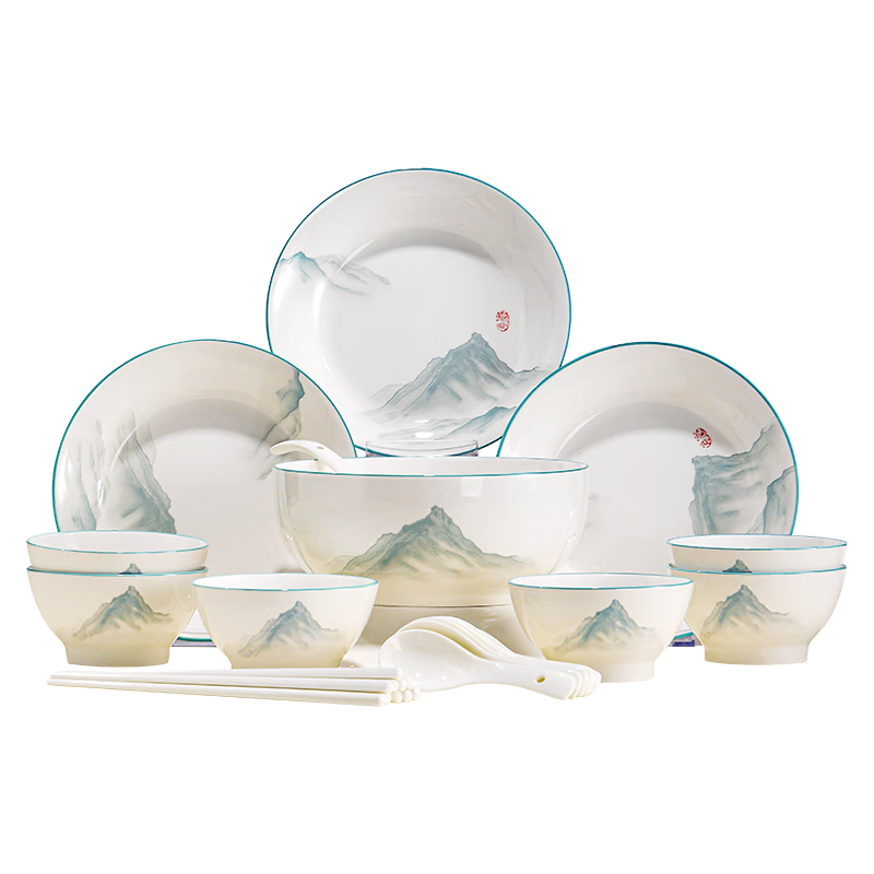 Chuanqi Ceramic Dinnerware Set 24-Piece Household Bowl and Plate Set Ceramic Tableware Qingshan