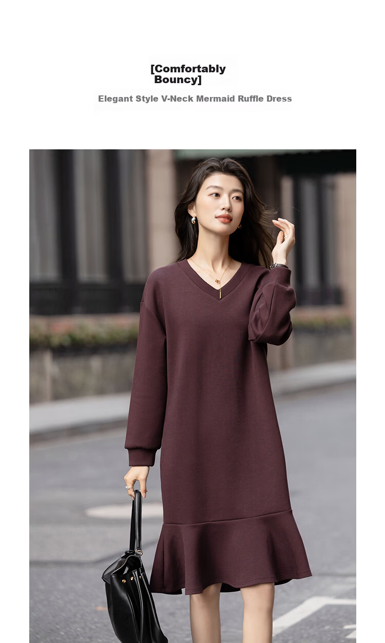 Demana [Comfort Elastic Air Layer] Spring Elegant V-Neck Mermaid Ruffle Loose Petite Women's Dress 2