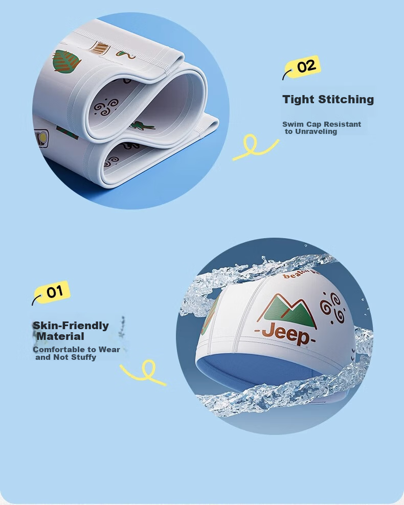 Jeep Children's Swim Cap, Professional Ear Protection for Girls And Boys, Waterproof, Non-Binding, Cute Cartoon Silicone Design, White 9