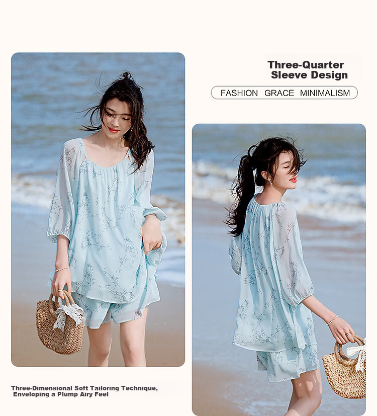 Demana Lightweight Soft Wrinkle-Effect Set Summer Sweet Hollow-Out Ruched Three-Quarter Sleeve Top and Shorts Elegant Women's Two-Piece Set 3