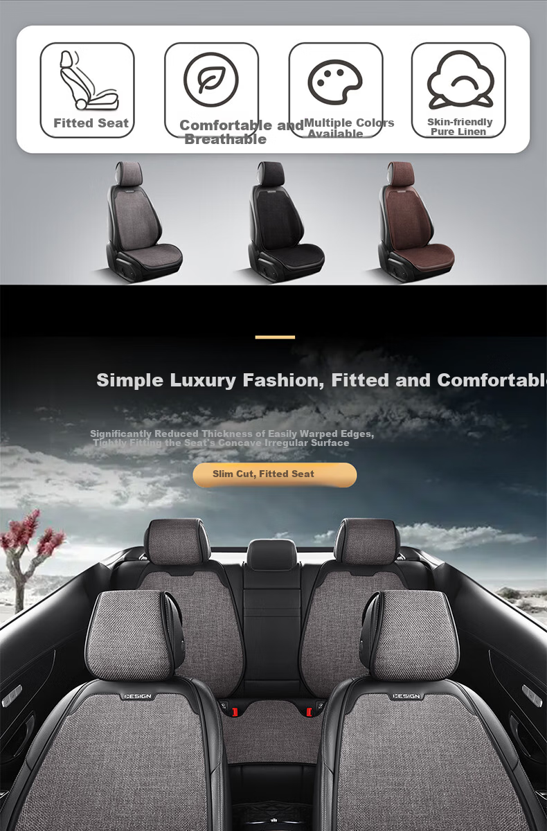 Jiabalan Car Seat Cushion Linen Semi-Enclosed Four-Season Universal Ventilated Breathable Comfortable Seat Cover Cushion 7