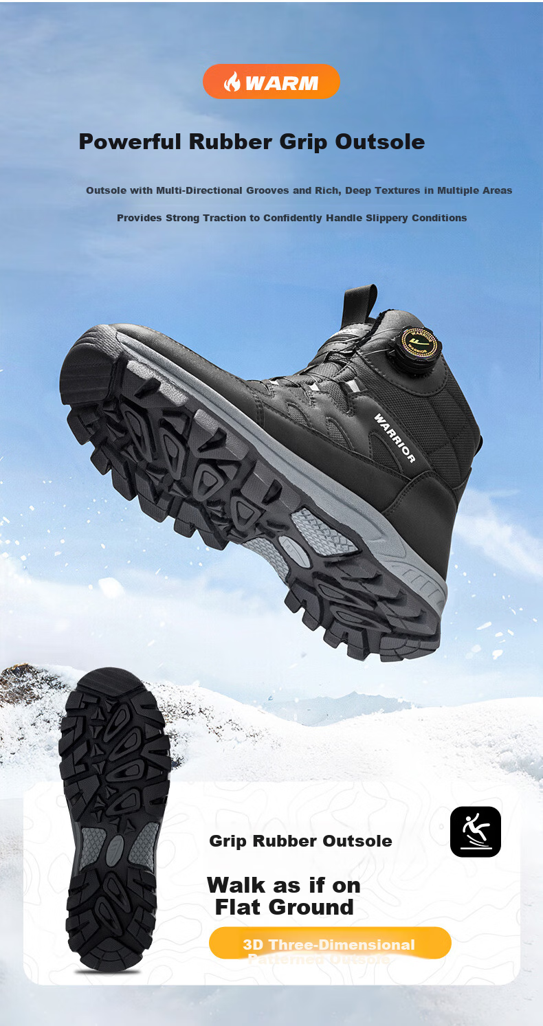Warrior Men's Snow Boots Warm Hiking Fleece Thickened Large Size High-top Northeast Cotton Shoes 1902 Black 39 7