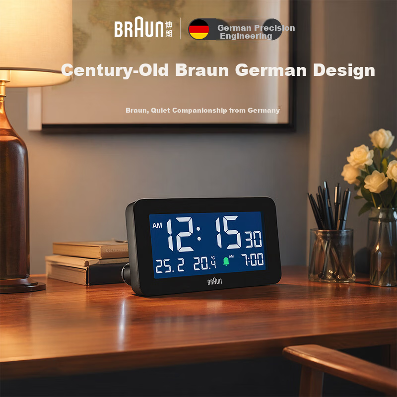 Braun German Brand Original Imported Alarm Clock Smart 2026 New Wake-Up Gadget Large Screen Multifunctional LCD Digital Temperature Electronic Desktop Alarm Clock Back-to-School Gift