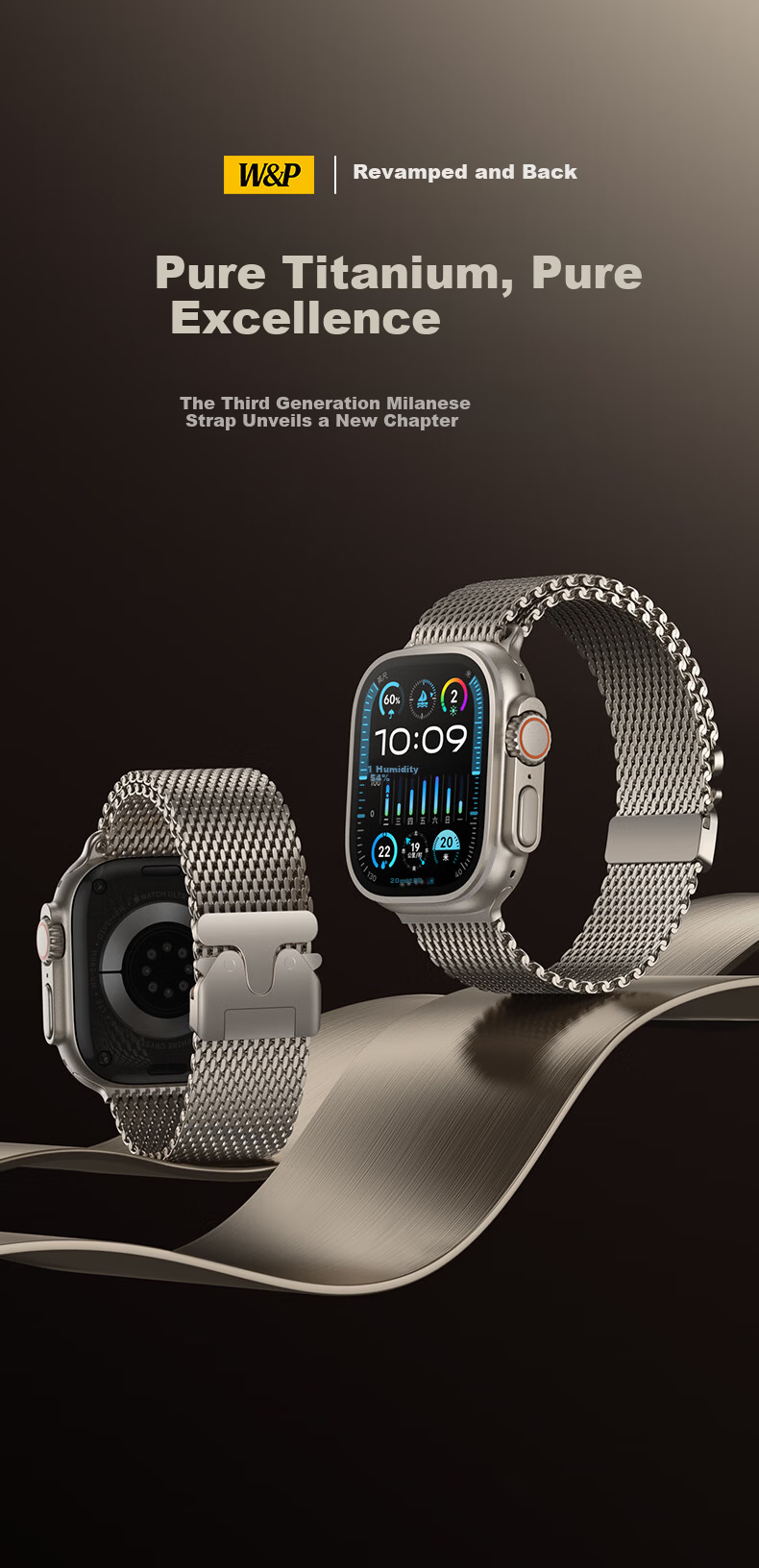 W&P 26 New Style Compatible with Apple Watch Band, for Apple Watch Ultra 4/3/2 Titanium Milanese Parachute-Style Strap, Suitable for IWatch S12/11/10/9/SE 4