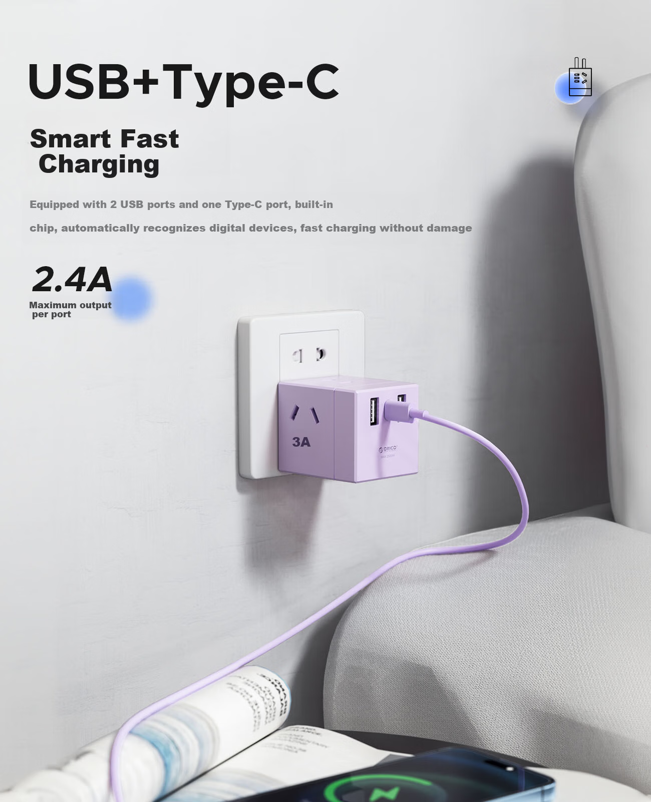 ORICO Cube Power Strip, One-To Adapter, USB Socket/power Bar/extension Cord, Type-C Port + USB Port + 4 Outlets, White 6
