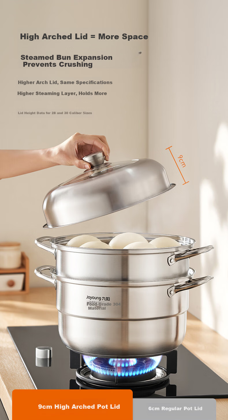 Joyoung 28cm Stainless Steel 304 Double-Layer Steamer Pot with High Dome Lid, Large Capacity, Stove Compatible for Home Steaming, Cooking, and Soup Making 8