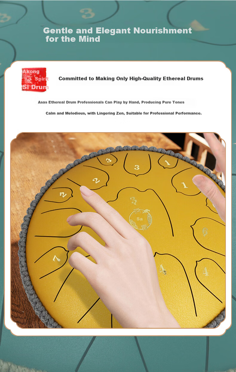 Asas Ethereal Drum 15-Note 14-Inch Adult Professional Beginner Upgraded Carbon Steel Tongue Drum Lotus Spotted Green 5