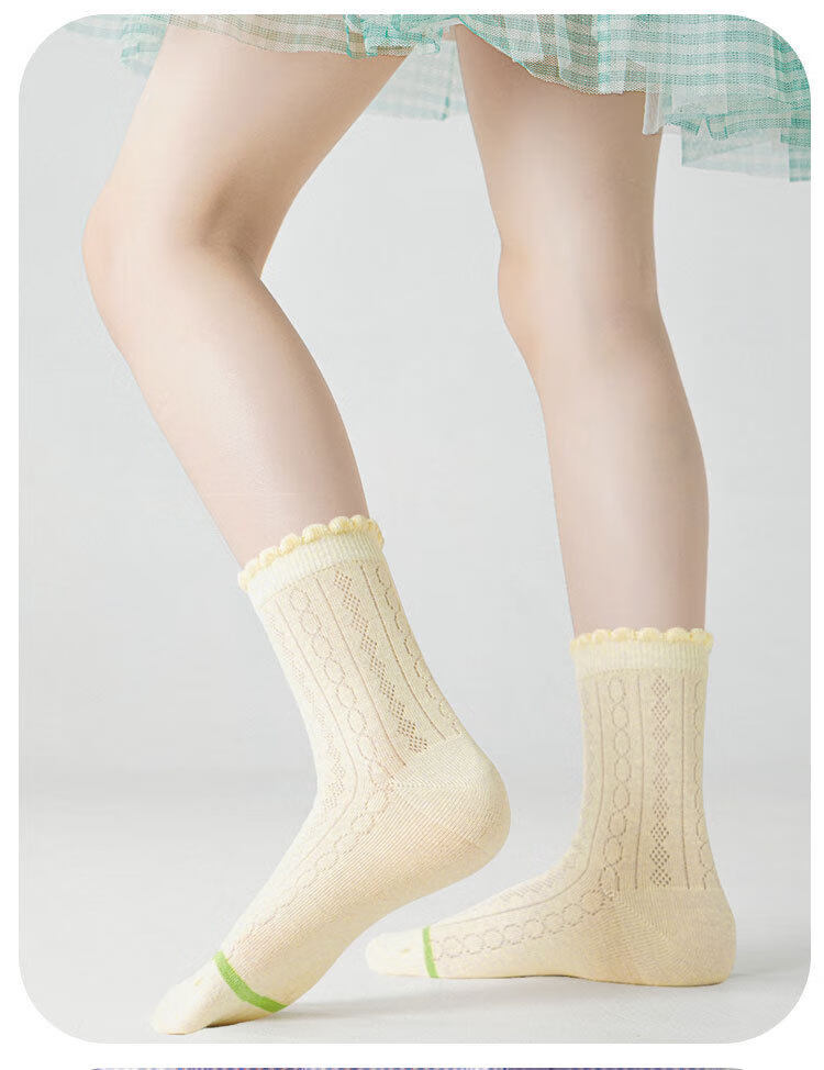 Miiow 5 Pairs Children's Socks Summer Thin Mesh Breathable Sweat-Absorbing Mid-Calf Socks Girls Ballet Style Spring Summer Class A Seamless Socks 4