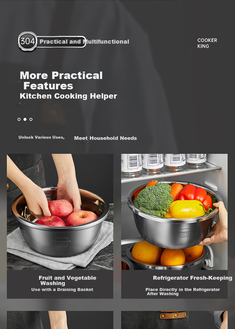 Chuida Huang Thickened 304 Stainless Steel Bowl 26cm Seasoning Bowl Vegetable Washing Bowl Salad Bowl Dough Mixing Marinating Bowl 10