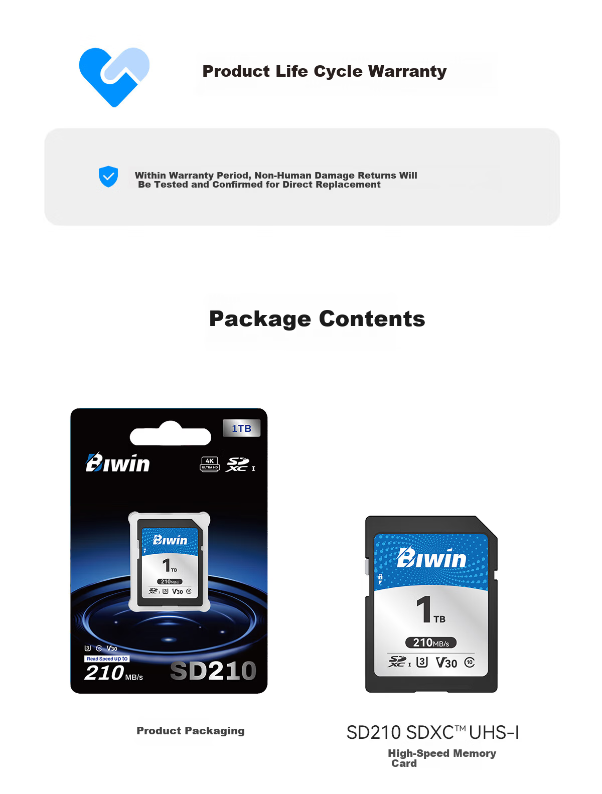 BIWIN 128GB SD Memory Card U3 V30 High-Speed Camera SD Card 4K Ultra HD Recording Read Speed 210MB/s Write Speed 70MB/s 14