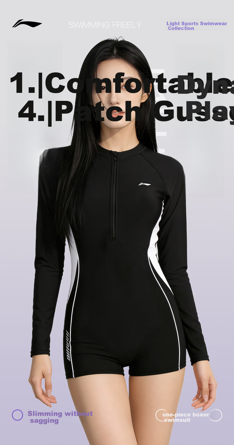 LI-NING Women's Premium 2026 New Long Sleeve One-Piece Sun Protection Square Leg Swimsuit 0863 Purple 2XL 1