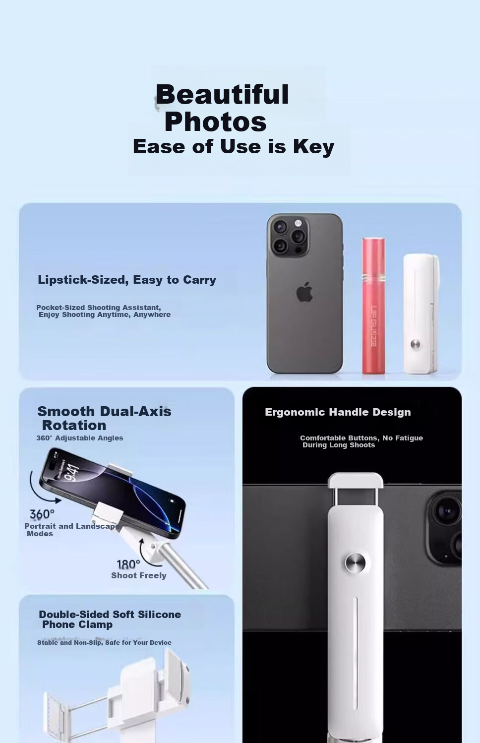 Lingchen Ultra Mini Selfie Stick Live Streaming Phone Stand Floor Mount 360-Degree Rotation Fully Automatic Multifunctional Live Shooting Handheld Anti-Shake Travel Photo Handle Compact Portable 7