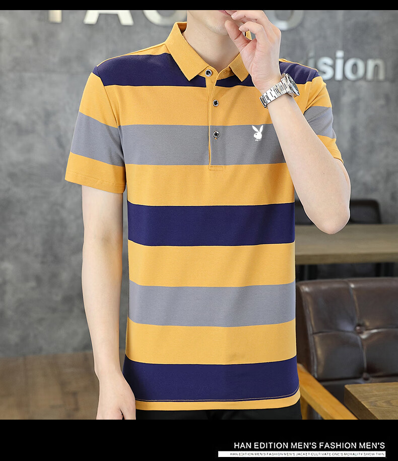 PLAYBOY Men's Short Sleeve T-Shirt Summer Casual Polo Shirt Comfortable Breathable Half Sleeve Plaid Polo Shirt Green 2XL 11