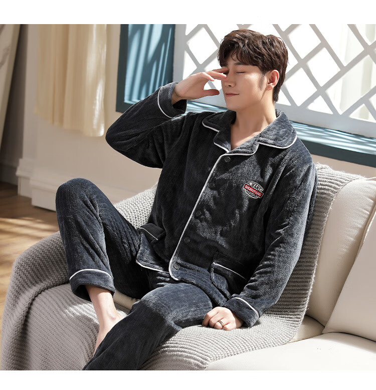 LangSha Men's Pajamas, Winter Flannel Lined Thickened Wearable Loungewear, Two-Piece Set, Warm Outfit 21