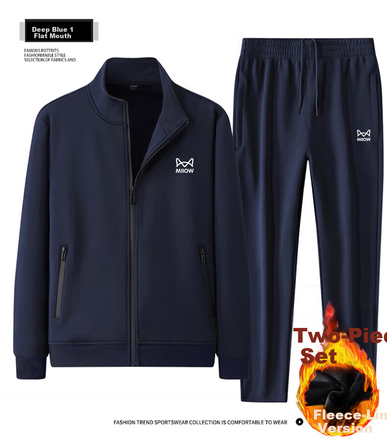 Miiow Men's Spring Autumn Set Jacket Versatile Business Pants Sports Casual Two-Piece Set Dark Blue Straight Leg 4XL 5