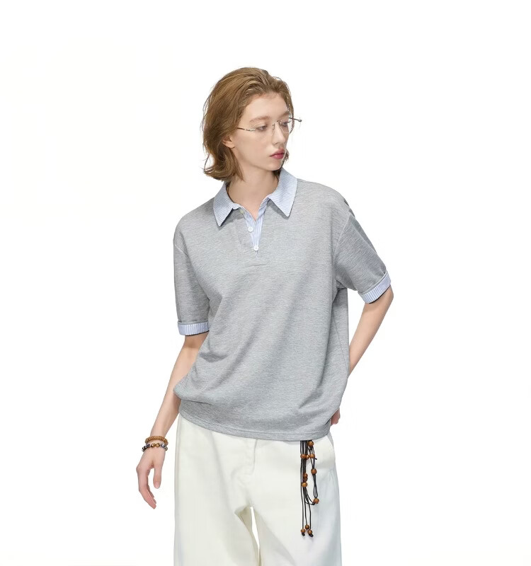 ICH MODE Intellectual High IQ Fake Two-Piece Striped Short Sleeve Polo Shirt Women Summer Couple T-Shirt Black M 15