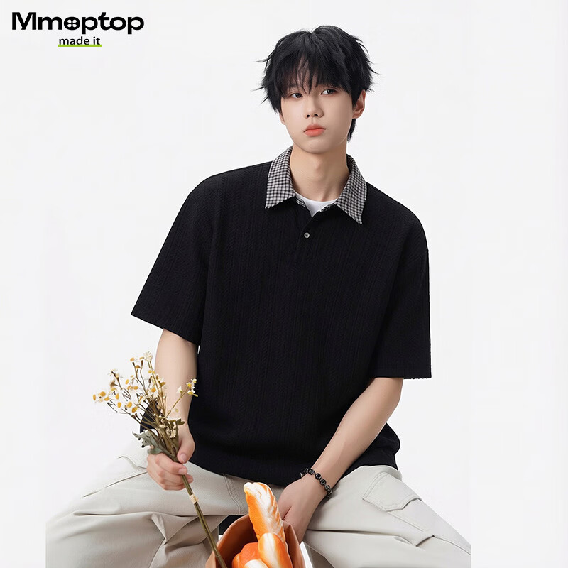 MMOPTOP Vintage Two-in-One Short Sleeve Plaid Jacquard Polo Shirt Men Summer Loose Fit Collared T-Shirt MP21 Black 3XL