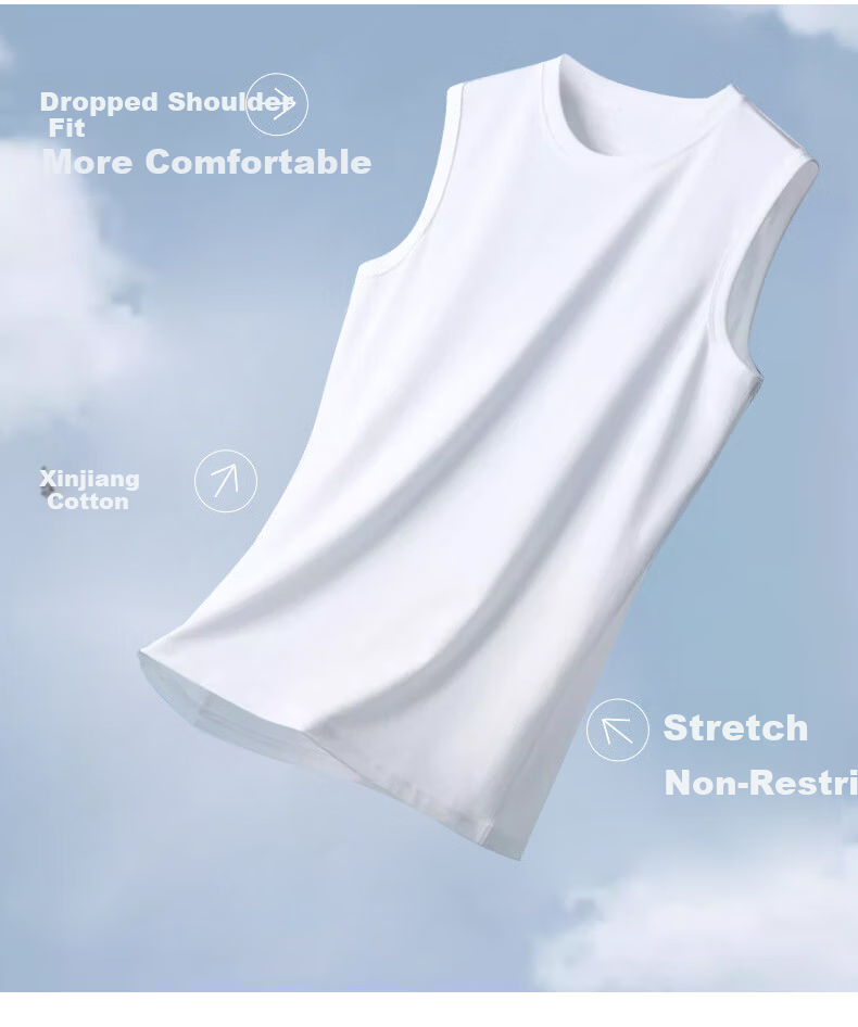 Langsha Men's Wide Shoulder Cotton Sports Sleeveless Vest White Fitness Basketball Running Base Layer Shirt 9