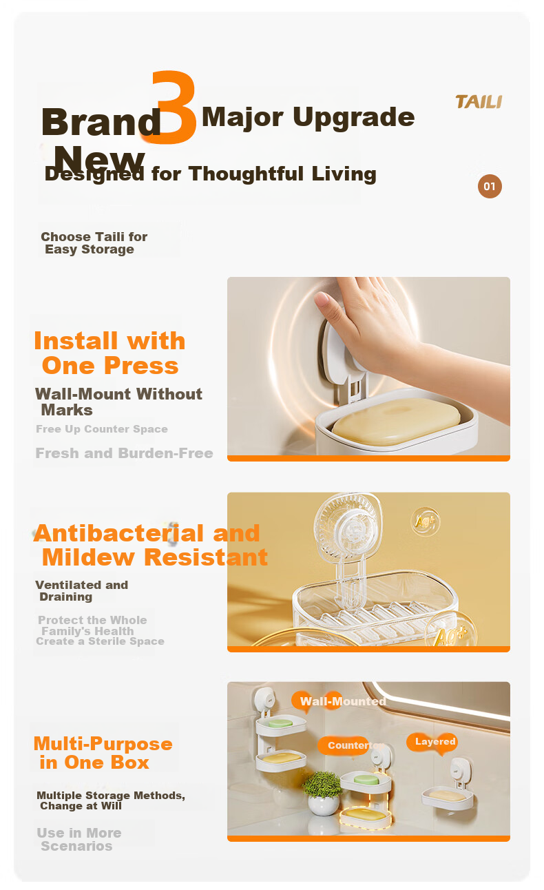Taili Wall-Mounted Soap Dish Bathroom Soap Holder No-Drill Suction Cup Double-Layer Draining Storage Rack 3