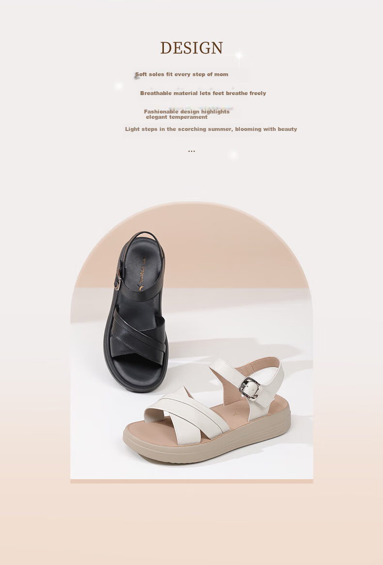 Red Dragonfly Women's Summer Sandals Soft Leather Soft Sole Middle-Aged and Elderly Ladies Mid-Heel Beach Shoes WTK251582 Off-White Size 36 2