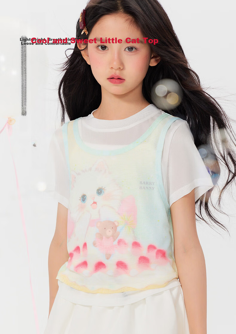 BARRY BANNY Girls' Short Sleeve T-Shirt Spring Summer New Big Kids Round Neck Breathable Top 3037 Soft Peach Milk White 150 2