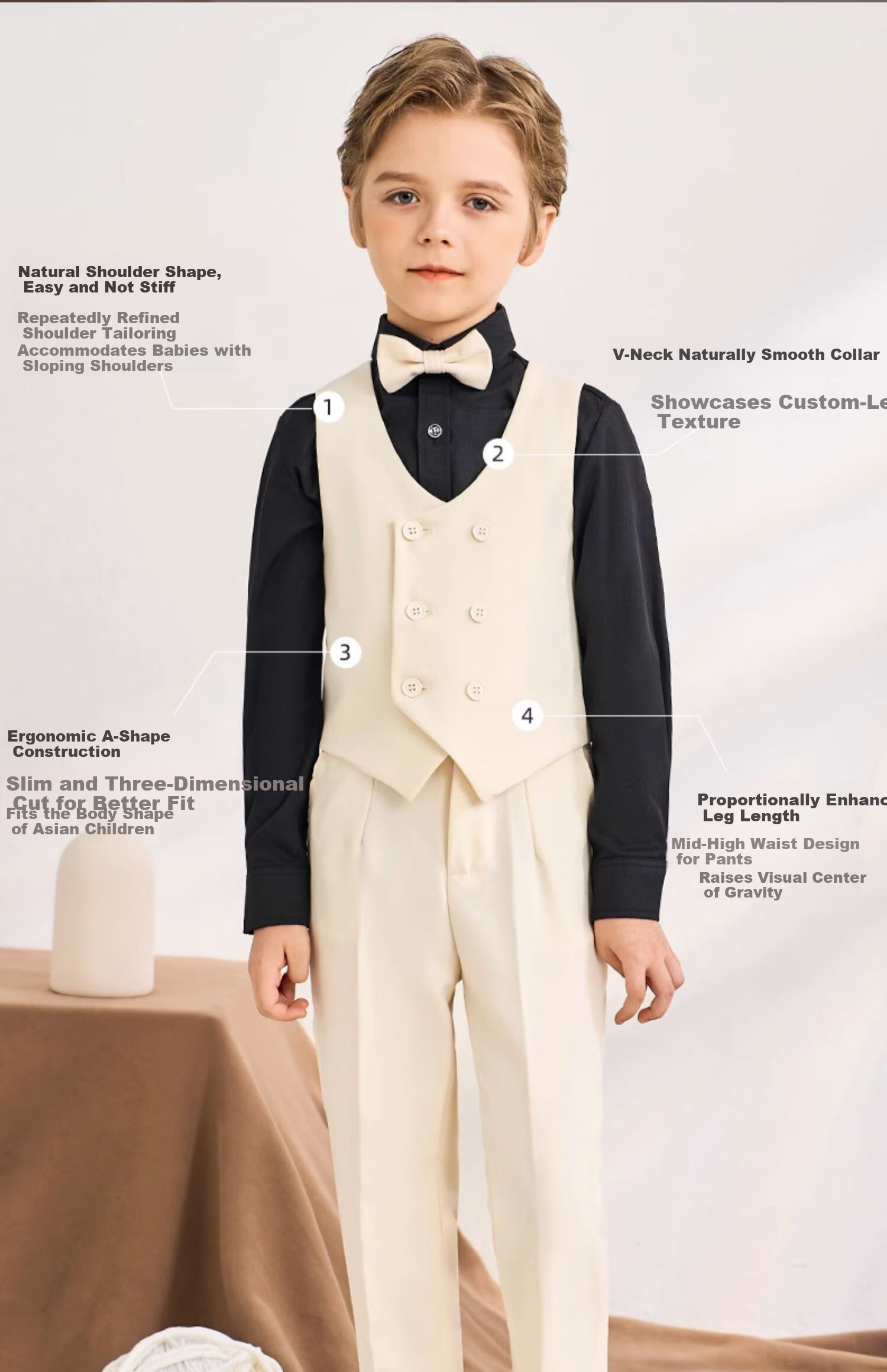 Luomeng Boys' Suit Set, Baby's First Birthday Formal Wear, Children's Wedding Flower Boy Outfit, Beige Vest Set, Size 80 8