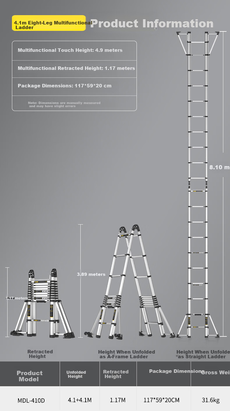 Midoli Telescopic Ladder Multi-Functional Household Folding Ladder Thickened Aluminum Alloy Adjustable Engineering Ladder Eight-Leg A-Frame Ladder 5.5m 16