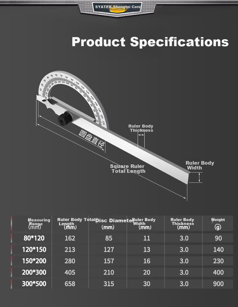 SYNTEK High Precision Angle Ruler Industrial Stainless Steel Multifunctional Adjustable Carpenter Square 80x120mm 7