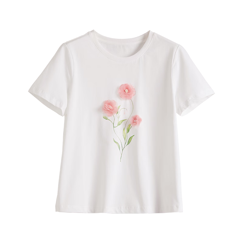 Sllsky Artistic 3D Floral Short Sleeve T-Shirt for Women 2026 Summer New Casual Loose Printed Cool Top