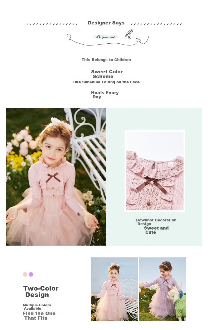 Follow Me Girls' Dress Spring And Autumn Sweet Tulle Knit Dress for School Performances, Pink, Size 150 2
