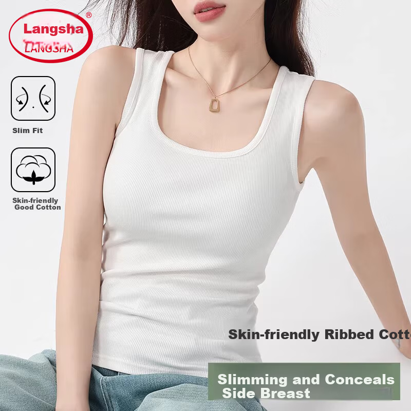 Langsha Pure Cotton Women's Camisole Vest Spring Summer Inner Wear Anti-Exposure Side Breast Coverage Slim Fit Sleeveless Top