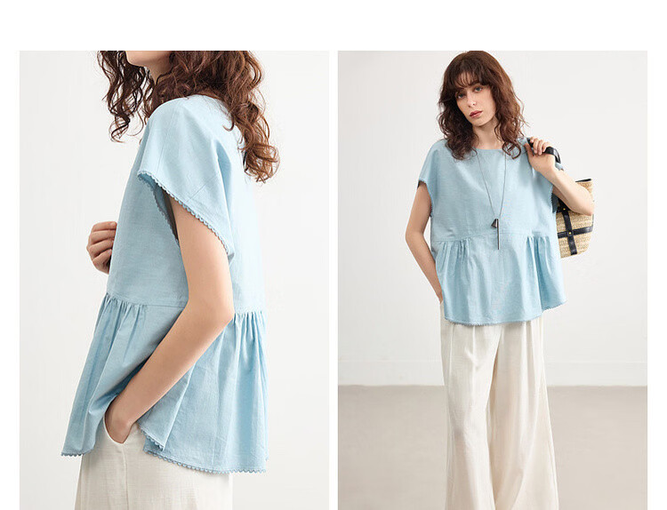 Demana [with Flax Cloud Cotton] Summer Simple Style Round Neck Covered Sleeve Lace Lightweight Loose Slim Shirt for Women Premium 5