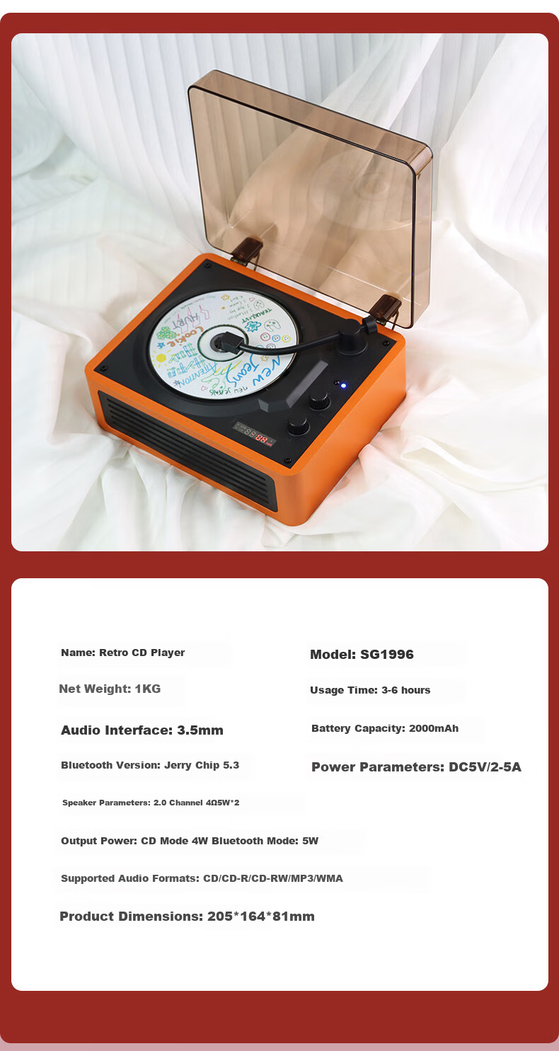 YEARS STAY Timeless CD Player, Retro Music Machine, Desktop Bluetooth Speaker, Birthday Gift, White Wood Grain SG1996 6