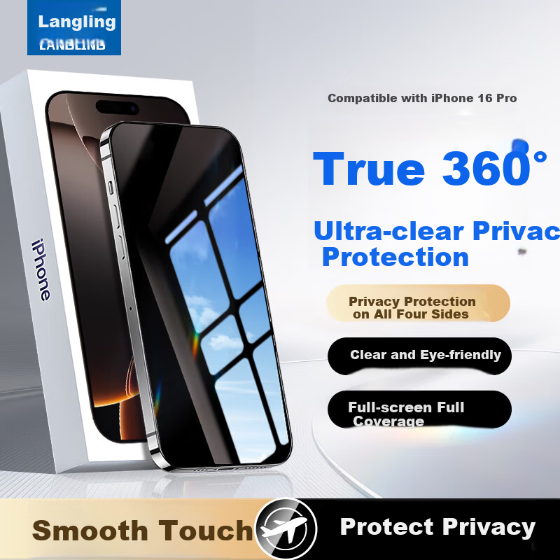 LANGLING 360° Privacy Screen Protector for iPhone 16 Pro, Full Coverage Tempered Glass Anti-Peeping Privacy Protection, Anti-Scratch Front Film