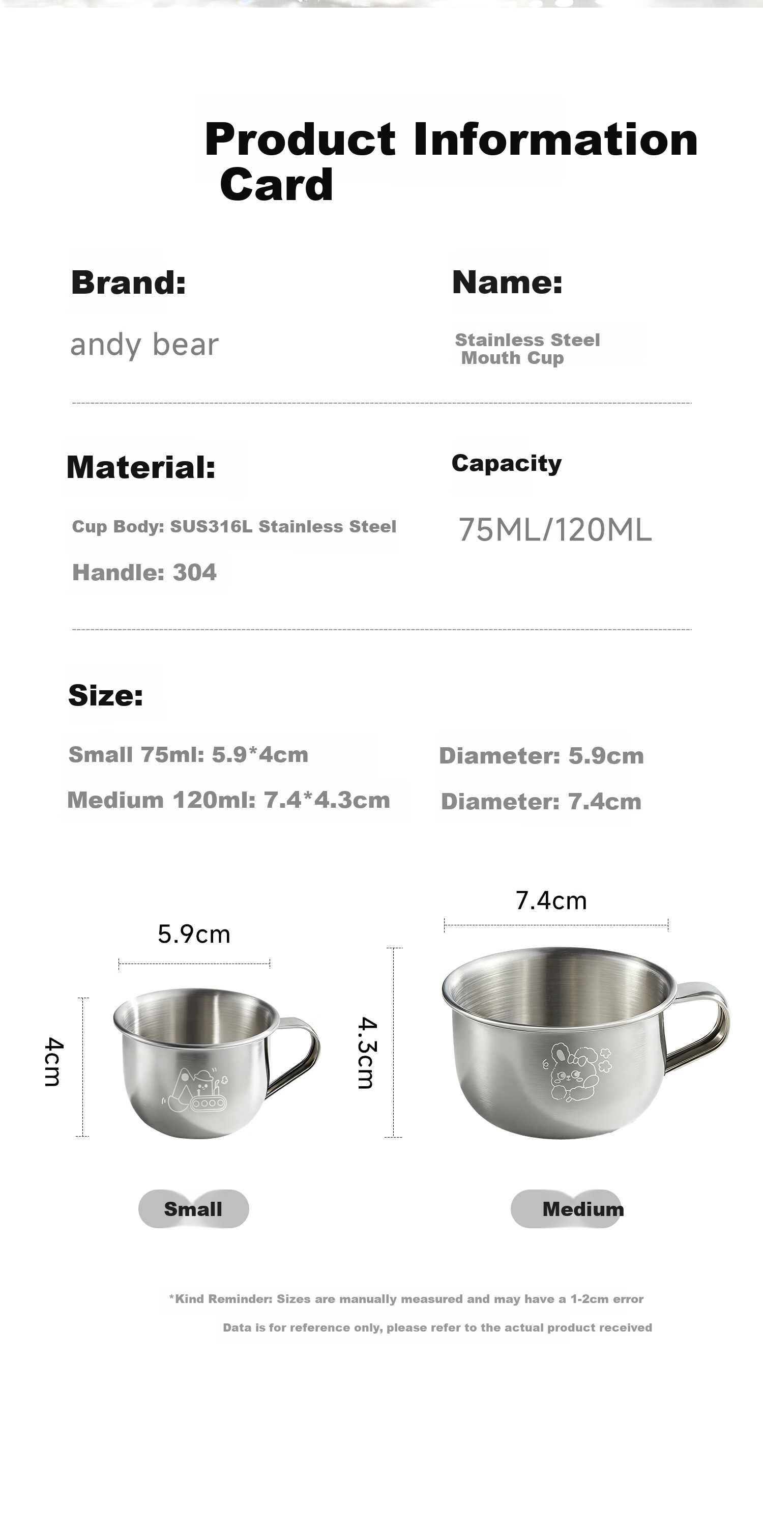 AIBEDILA Children's Water Cup 316L Stainless Steel Open Mouth Baby Household Training Cup Infant Drinking Cup Cute Rabbit 8