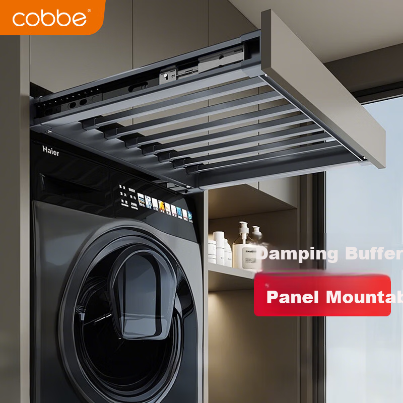 Cobbe Washing Machine Invisible Retractable Clothes Drying Rack with Damping, Top Panel Addable, Balcony Clothes Rack, Model 48, Gray