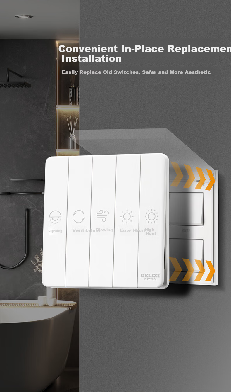 DELIXI 86 Type Bathroom Heater Switch Thin Key Switch Panel Five-Position Single Motor Gray 7