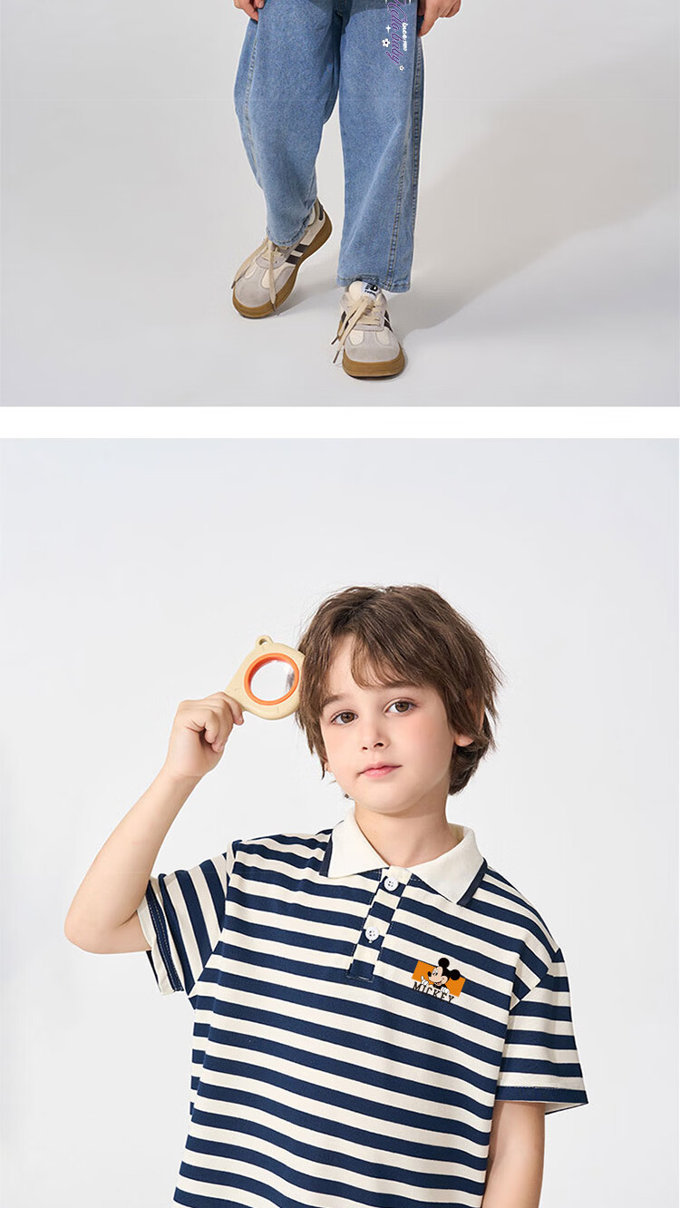 Disney Kids Summer New Polo Shirt and Denim Jeans Set College Style Versatile Pants and Top White+Blue 120 9