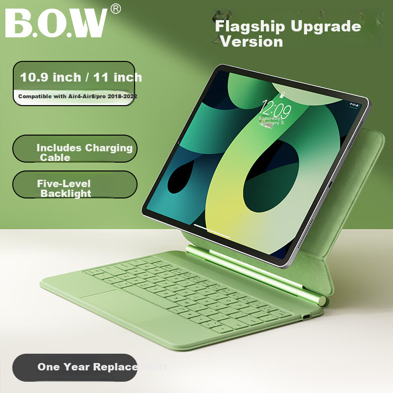 B.O.W Hangshi HB354 New iPad Bluetooth Keyboard Air 7/4/5 Protective Case for 2020/2022 Pro Integrated Touch Magnetic Magic Control 10.9"/11" Universal Green