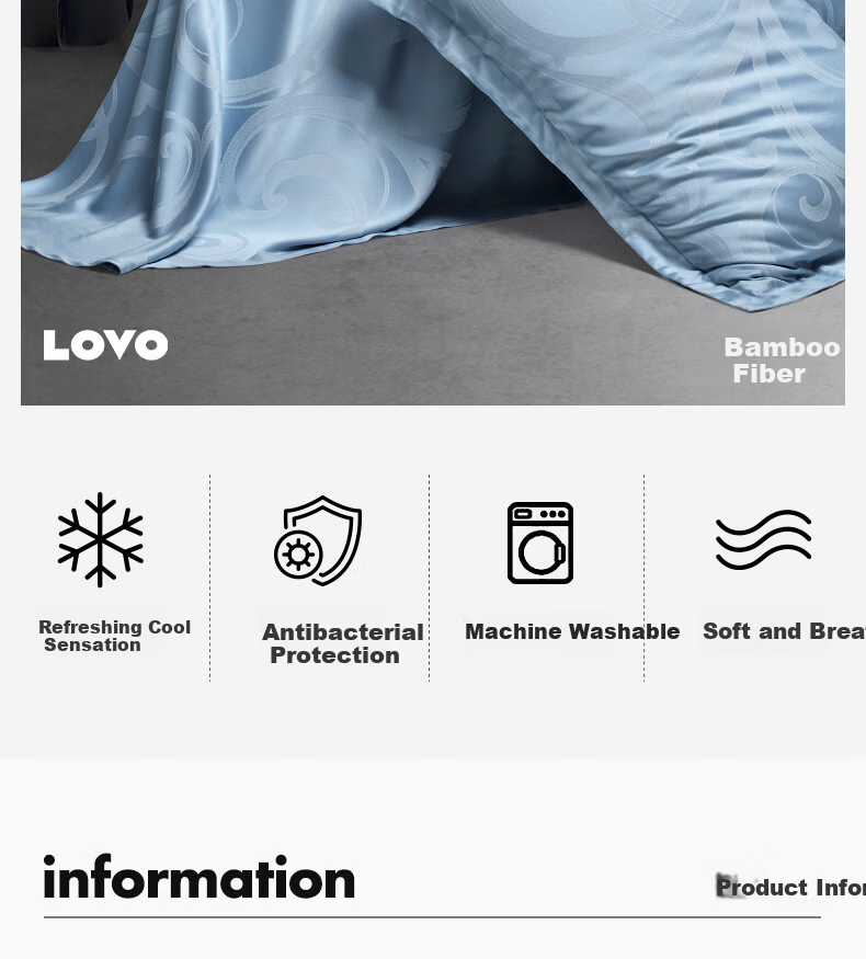 LOVO Antibacterial Bamboo Fiber Ice Silk Cooling Mat Double Three-Piece Set Gray 230*235 [Foldable] 2