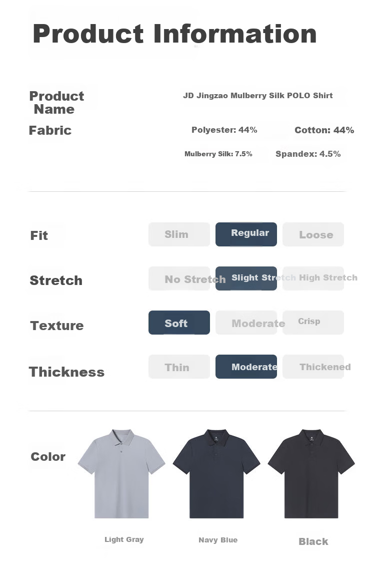 JD Jingzao Mulberry Silk Men's Polo Shirt Short Sleeve High-End T-Shirt Spring Summer Cool Business Casual Navy Blue Zipper XL 16