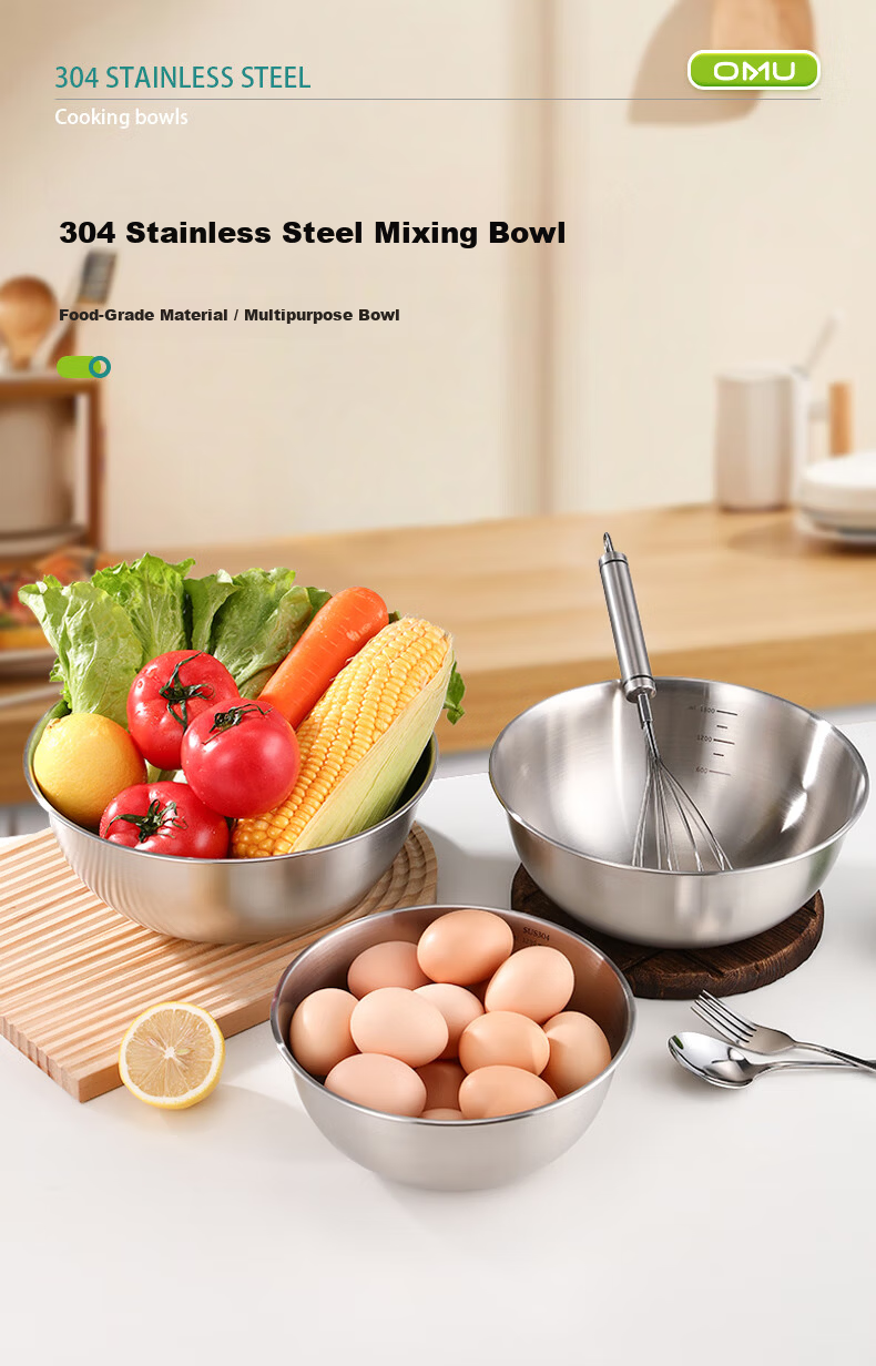 Aomeiyou 304 Stainless Steel Bowl 22cm for Washing Vegetables, Kneading Dough, Beating Eggs, Household Kitchen Salad Mixing Bowl with Straight Edge 1