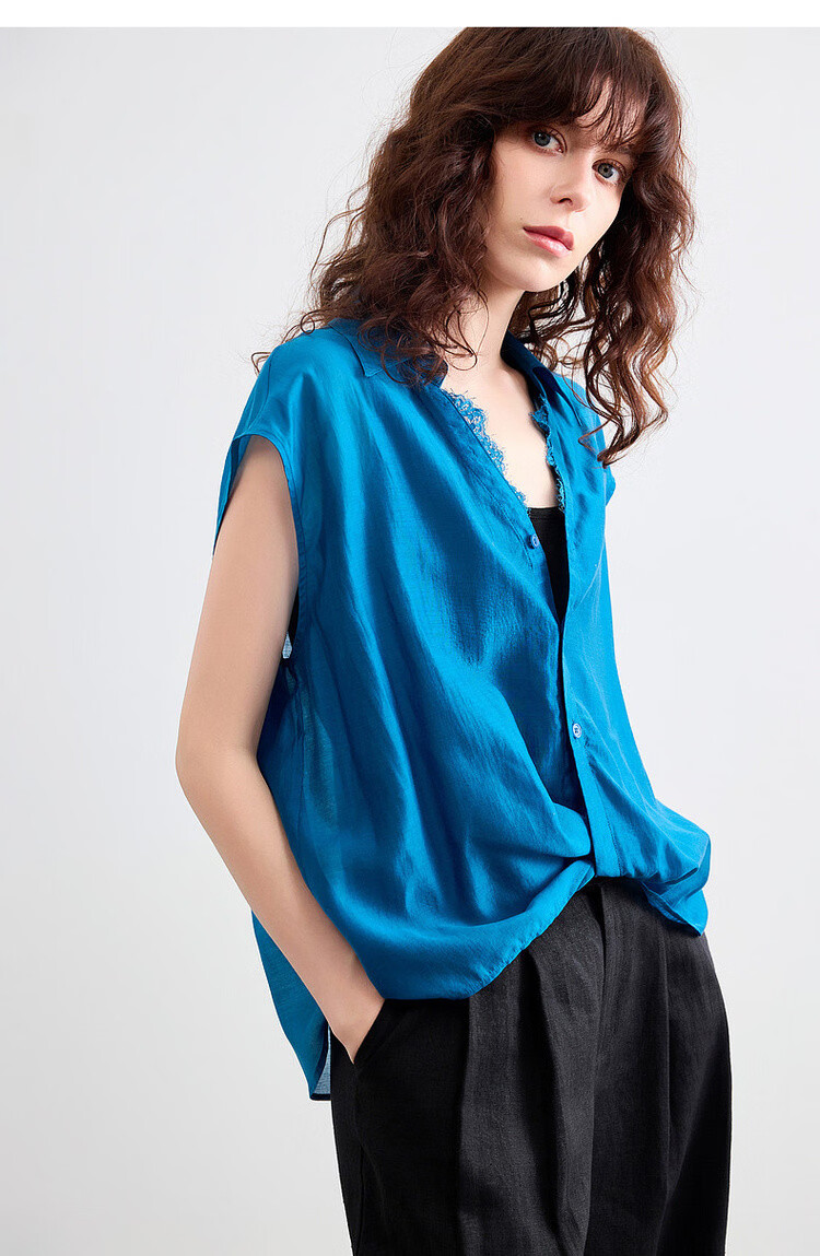Demana [Breathable Tencel] Summer Lace Splice Turn-down Collar Knot Hem Lightweight Loose Shirt for Women Premium Quality 15