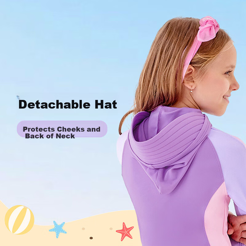 BALNEAIRE Kids One-Piece Swimsuit Girls Long Sleeve Sun Protection Surfing Breathable Chlorine Resistant Detachable Hood
