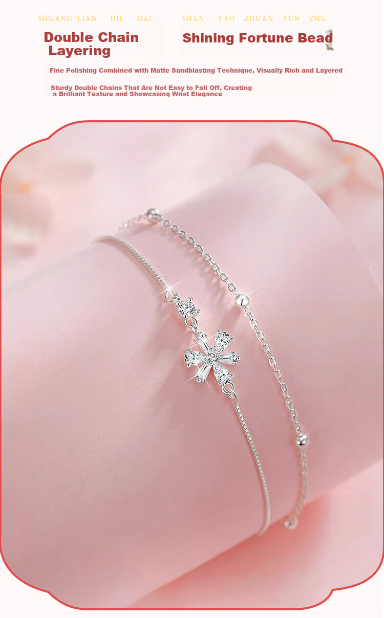ALLOVE Cherry Blossom Pure Silver Bracelet for Women, Double-Layer Silver Jewelry, Birthday Gift for Women on May 20 And Valentine's Day, Present for Girlfriend Or Wife 5
