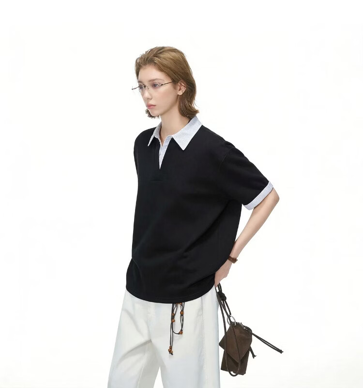 ICH MODE Intellectual High IQ Fake Two-Piece Striped Short Sleeve Polo Shirt Women Summer Couple T-Shirt Black M 10
